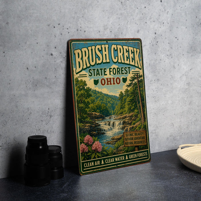 A vintage metal sign for Brush Creek State Forest in Ohio, featuring a scenic image of a waterfall surrounded by lush greenery.