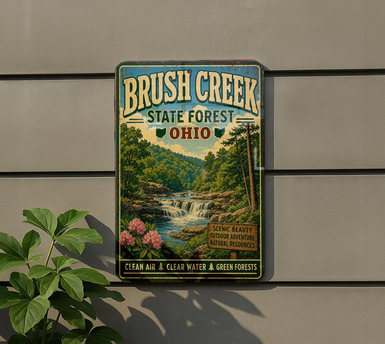 A vintage-style metal sign for Brush Creek State Forest in Ohio, featuring a scenic landscape with a waterfall and lush greenery.
