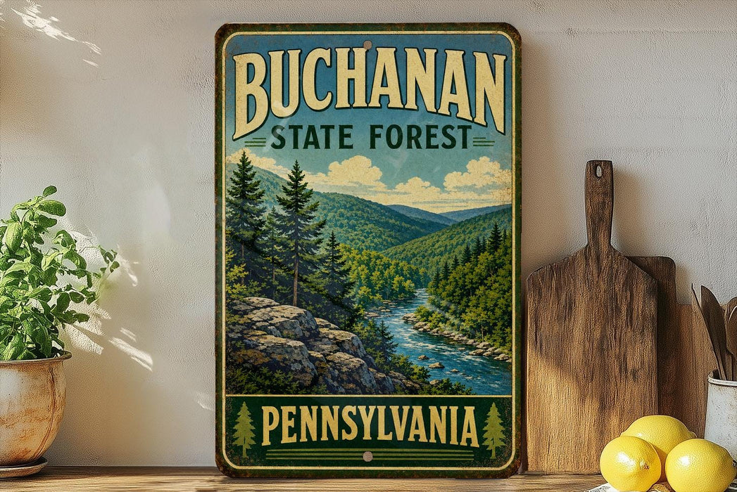 A vintage-style sign for the Bucanan State Forest in Pennsylvania, featuring a scenic mountain landscape with a river and pine trees.