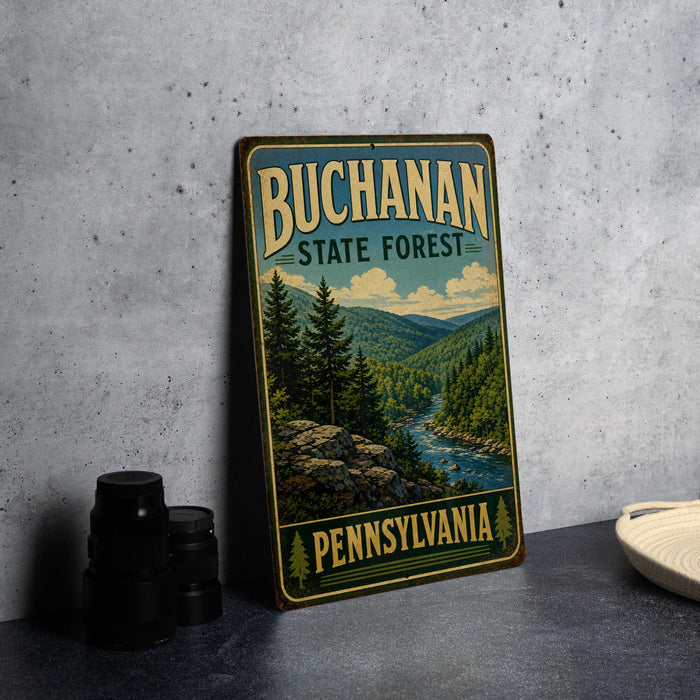 A vintage-style metal sign for the Bucchanan State Forest in Pennsylvania, featuring a scenic landscape with pine trees, a river, and mountains.