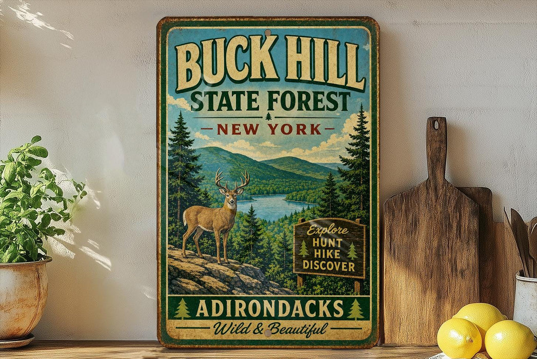 A vintage-style sign for the Buck Hill State Forest in New York, featuring a deer and a mountain landscape.