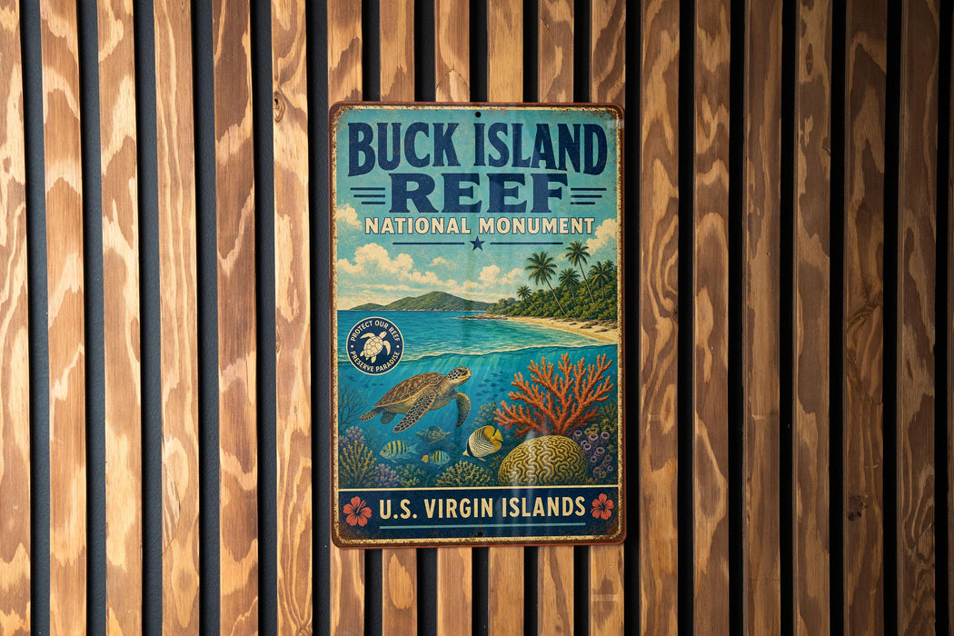 A vintage metal sign for Buck Island Reef, a National Monument in the U.S. Virgin Islands, featuring a tropical beach scene with a turtle, palm trees, and coral.