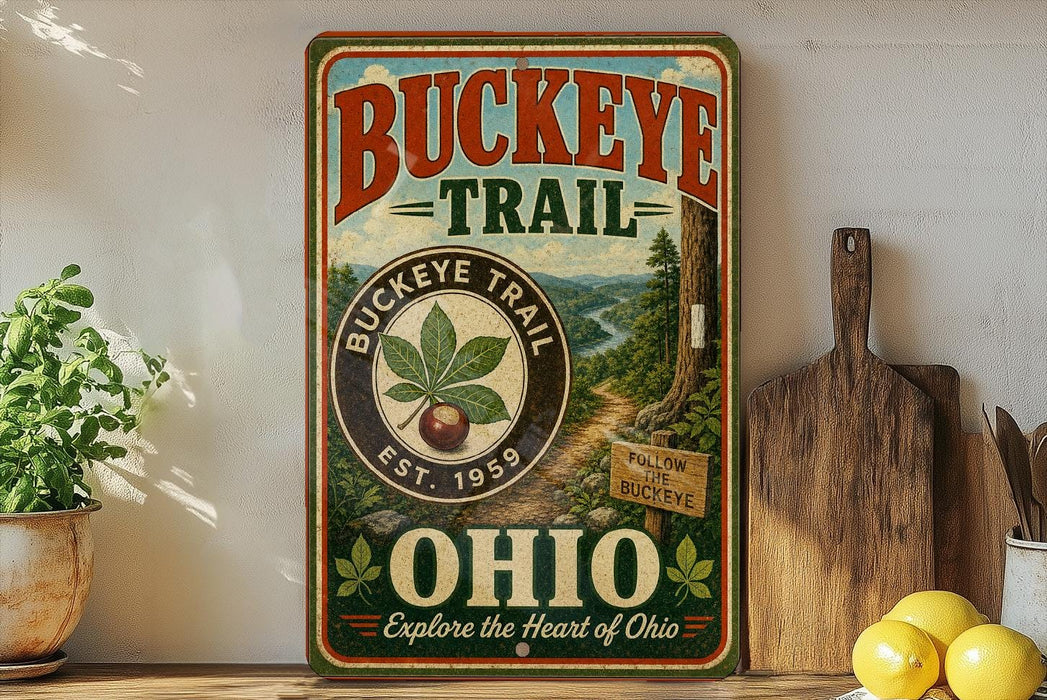A vintage-style metal sign for Buckeye Trail, featuring a scenic illustration of a forest and a trail, is displayed on a shelf next to a wooden cutting board and some lemons.