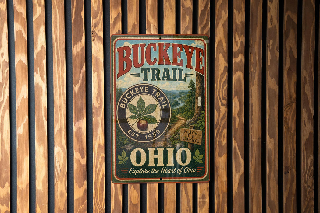 A vintage-style metal sign for the Buckeye Trail in Ohio, featuring a scenic illustration of a forest and mountains.