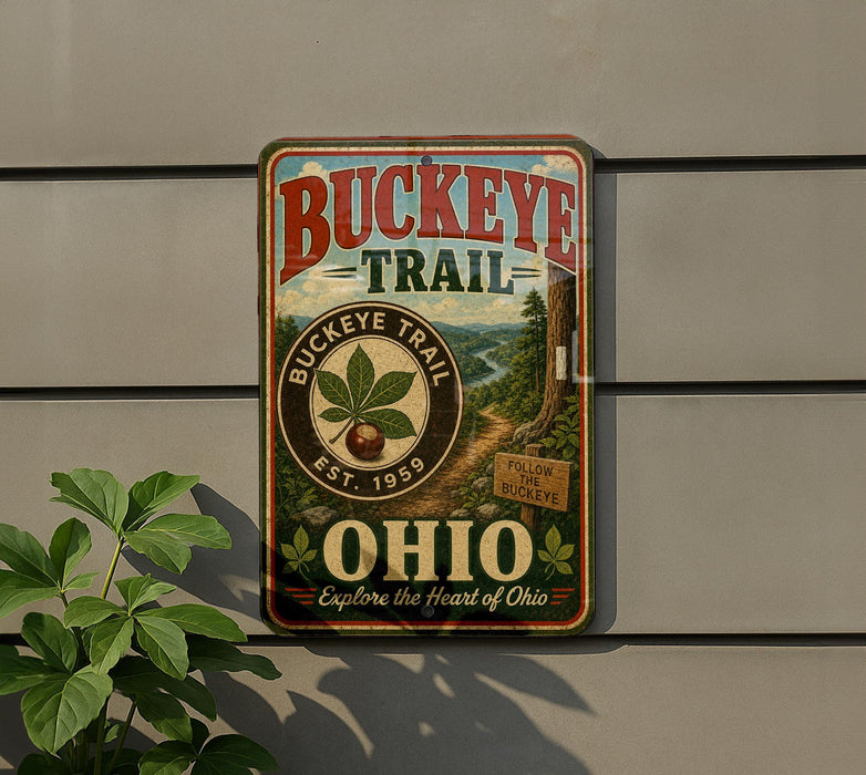 A vintage-style metal sign for Buckeye Trail in Ohio, featuring a scenic illustration of a forest and a path leading through the landscape.