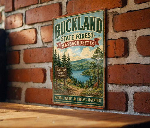 A vintage metal sign for Buckland State Forest in Massachusetts, featuring a scenic landscape with pine trees, a lake, and mountains.