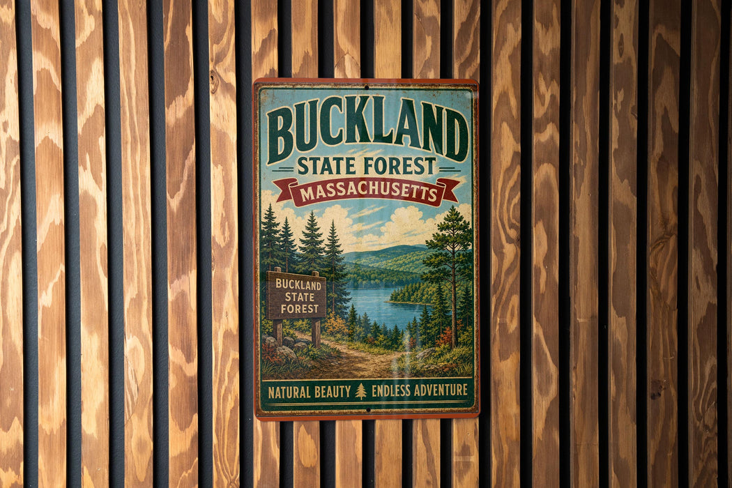 A vintage metal sign for Buckland State Forest in Massachusetts, featuring a scenic landscape with pine trees, a lake, and mountains.