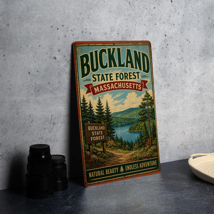 A vintage-style metal sign for Buckland State Forest in Massachusetts, featuring a scenic landscape with pine trees, a lake, and mountains.