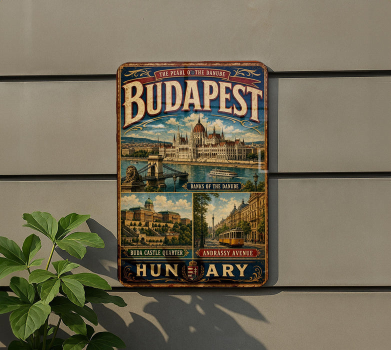 A vintage-style metal sign displaying the name "Budapest" and the words "Budapest, The Pearl of the Danube" is affixed to a wall.
