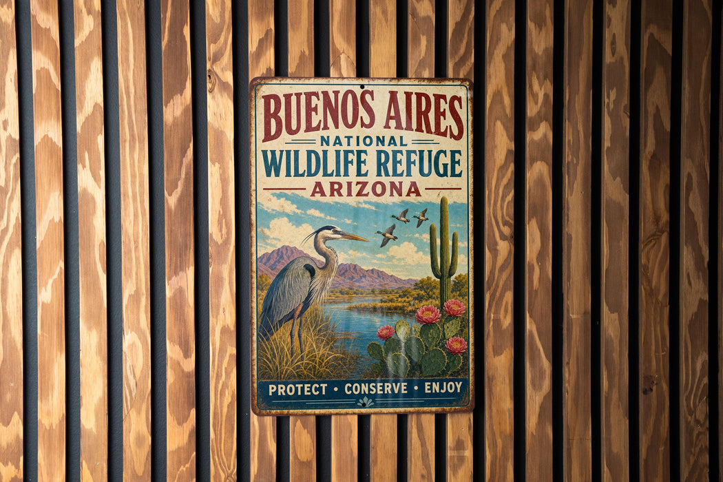 A vintage metal sign for Buenos Aires National Wildlife Refuge in Arizona, featuring a bird, cactus, and flowers, mounted on a wooden wall.