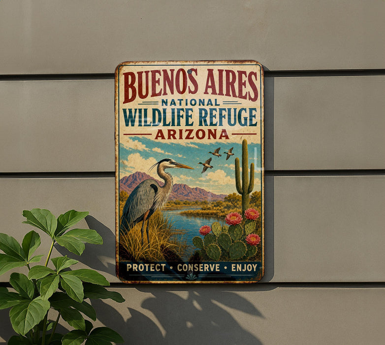 a vintage-style metal sign with a bird and desert landscape, mounted on a wall.