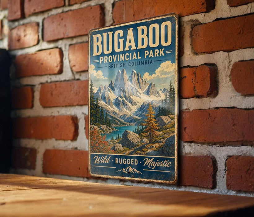 A vintage-style metal sign for Bugaboo Provincial Park in British Columbia, featuring a mountain landscape with a lake and pine trees.