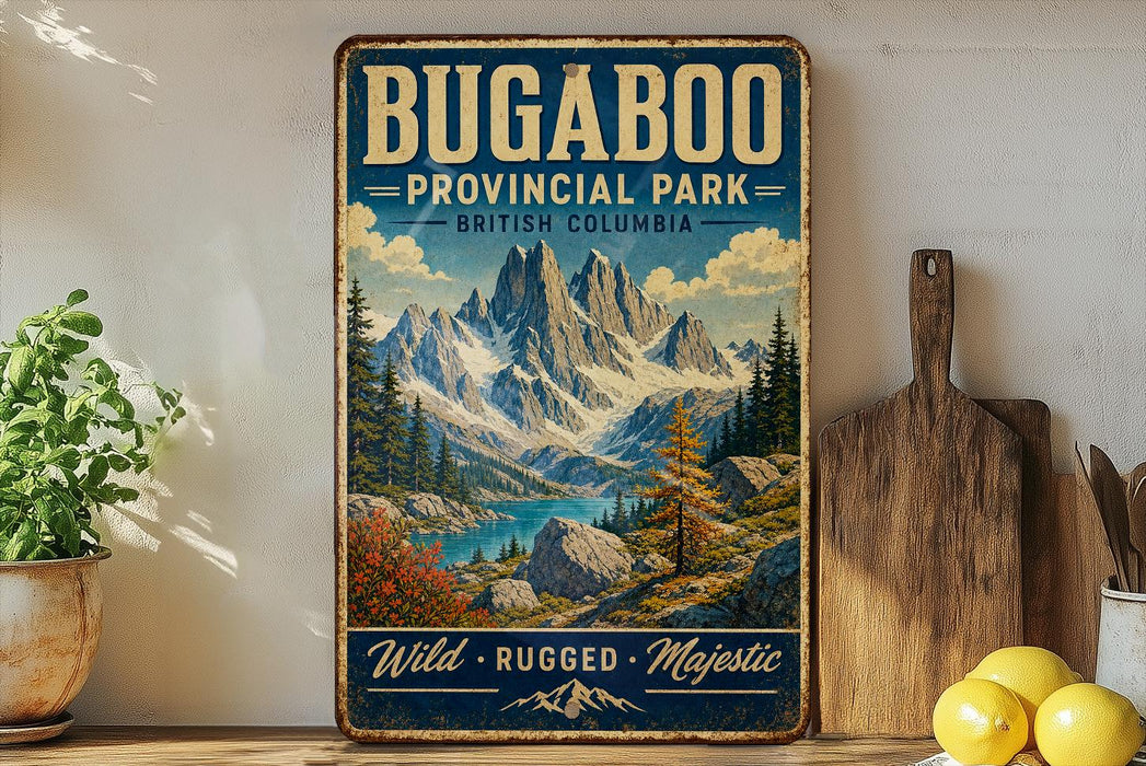 A vintage-style sign for Bugaboo Provincial Park in British Columbia, featuring a mountain landscape with a lake and pine trees.