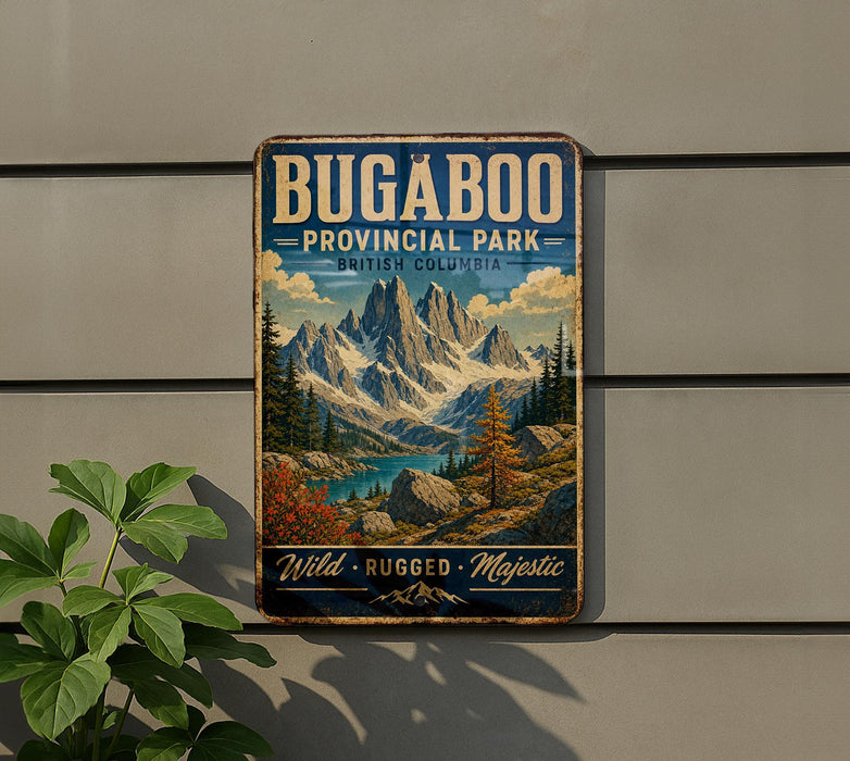 A vintage-style metal sign for Bugaboo Provincial Park in British Columbia, featuring a mountain landscape with a lake and pine trees.