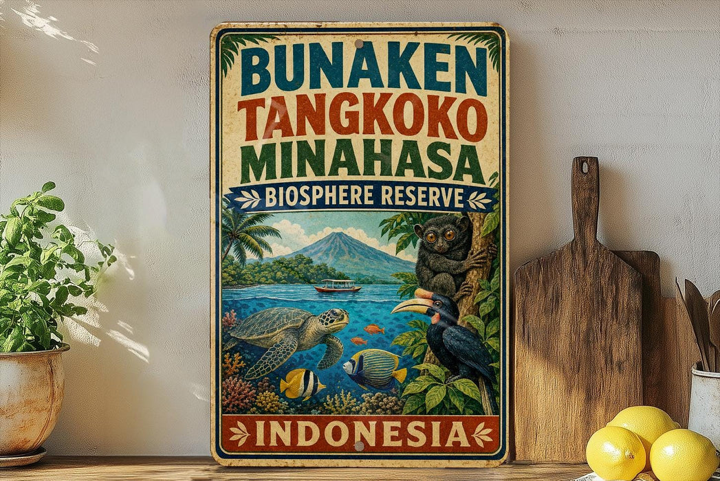 a vintage-style sign for the Bunaken Tanakoko Minahasa, Indonesia, with a tropical landscape and wildlife illustration.