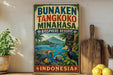 a vintage-style sign for the Bunaken Tanakoko Minahasa, Indonesia, with a tropical landscape and wildlife illustration.