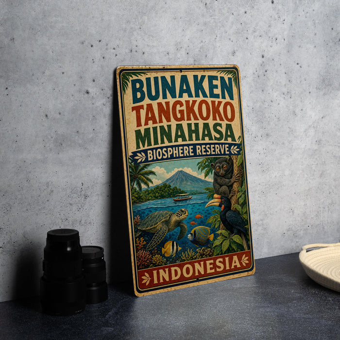 a vintage-style sign with a tropical landscape, including a mountain, palm trees, and various wildlife, such as a bird and a turtle. The sign is placed on a gray surface, and there are some black objects, such as a stack of cups, to the left of the sign.