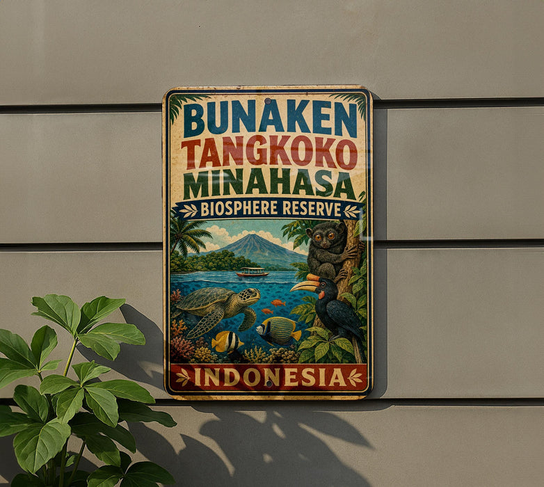 a sign for the Banaaki Tengkoko Minahasa Biosphere Reserve in Indonesia, with a tropical landscape and various wildlife depicted on the sign.