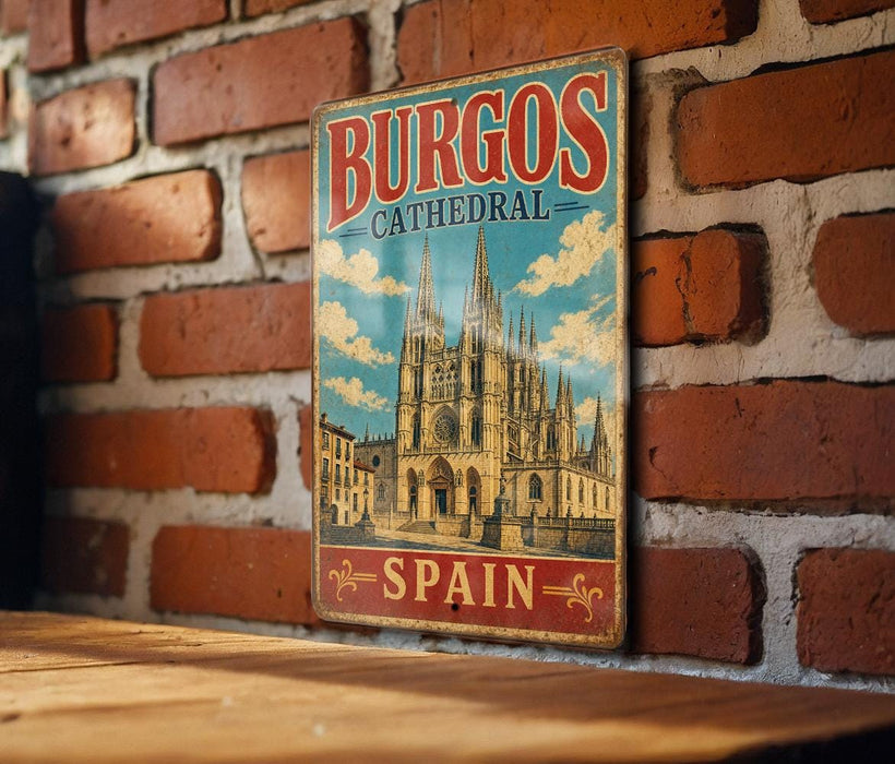 A vintage metal sign displaying the name 'BURGOS CATHEDRAL' and the word 'SPAIN' is hanging on a brick wall.