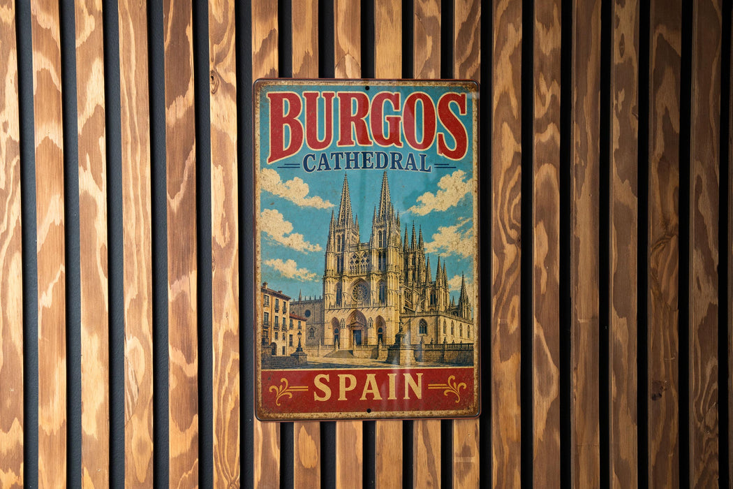 A vintage metal sign displaying the name 'BURGOS CATHEDRAL' and the word 'SPAIN' is hanging on a wooden wall.