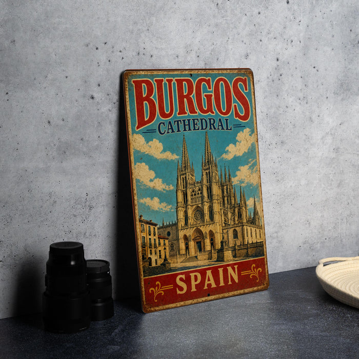 A vintage-style metal sign with the text "BURGOS CATHEDRAL SPAN" and an illustration of the Burgos Cathedral, placed on a gray countertop next to some black camera lenses.