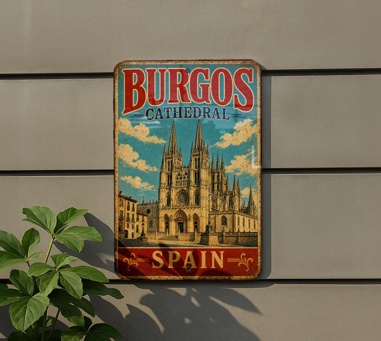 A vintage metal sign with the text "BURGOS CATHEDRAL SPAIN" and an illustration of the Burgos Cathedral, a famous landmark in Spain.