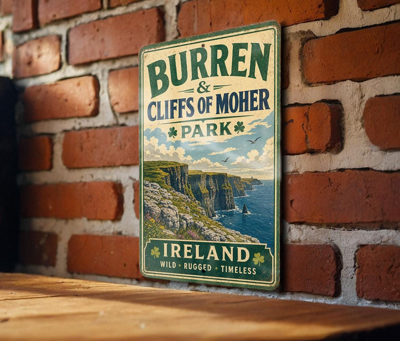 A vintage-style sign for Burren Cliffs of Moher Park in Ireland, featuring a scenic image of the cliffs and the surrounding landscape.
