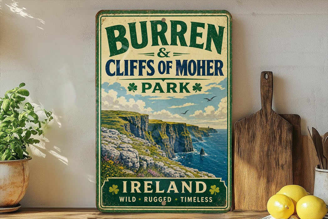 A vintage-style sign for Burren and Cliffs of Moher Park, featuring a scenic image of the cliffs and ocean.