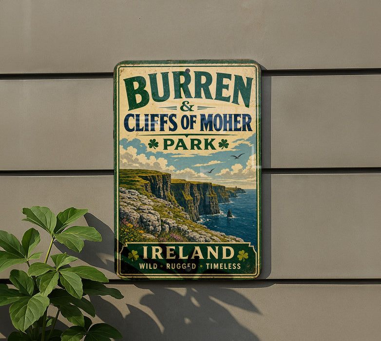 A vintage metal sign for Burren and Cliffs of Moher Park, featuring a scenic image of cliffs overlooking the ocean.