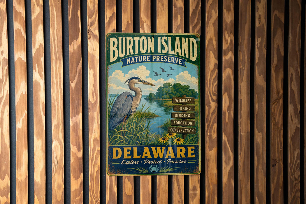 A vintage metal sign for Burton Island Nature Preserve in Delaware, featuring a blue heron and text promoting wildlife, hiking, birding, education, and conservation.