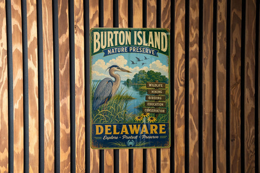 A vintage metal sign for Burton Island Nature Preserve in Delaware, featuring a blue heron and text promoting wildlife, hiking, birding, education, and conservation.