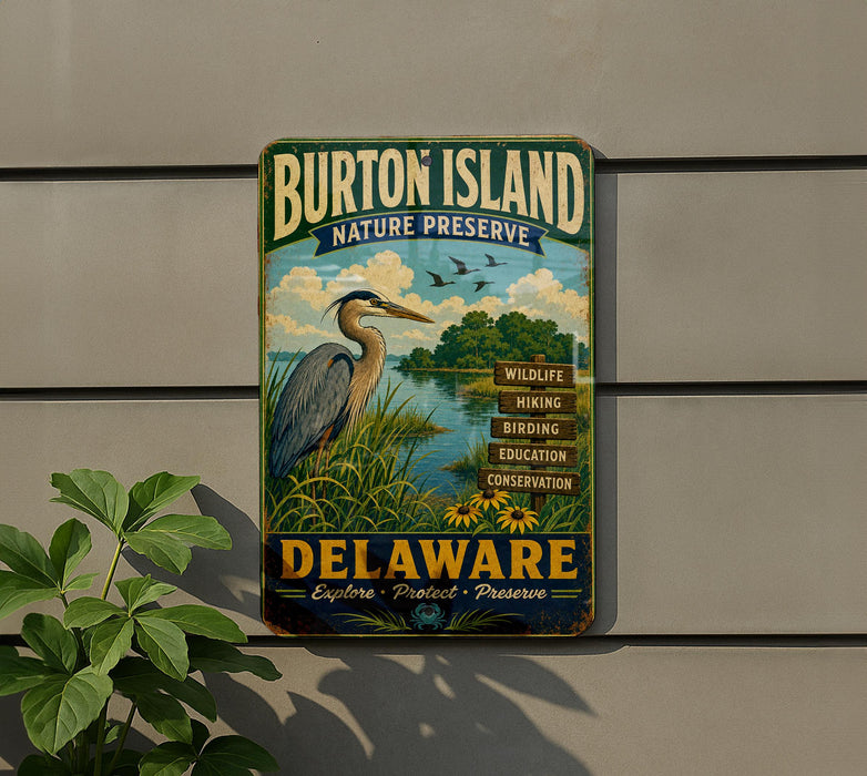 A vintage metal sign for Burton Island Nature Preserve in Delaware, featuring a heron and a scenic landscape.