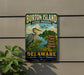 A vintage metal sign for Burton Island Nature Preserve in Delaware, featuring a heron and a scenic landscape.