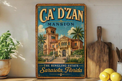 A vintage-style sign for "CA' D' ZAN" mansion in Sarasota, Florida, featuring an illustration of a grand, ornate building surrounded by palm trees.