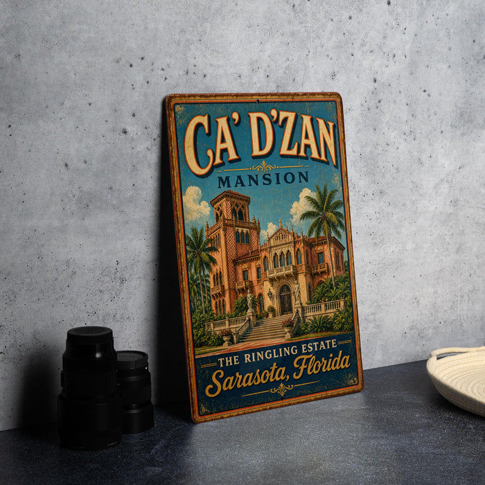 A vintage-style sign for "CA' D' ZAN" mansion in Sarasota, Florida, featuring an illustration of the mansion and palm trees.