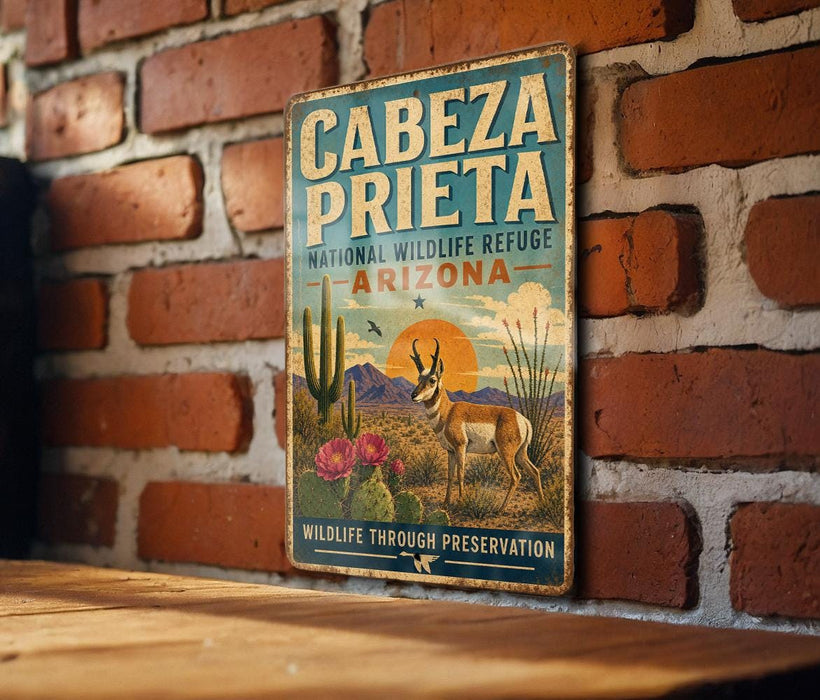 a vintage-style sign for the National Wildlife Refuge in Arizona, with a desert landscape and wildlife illustration.