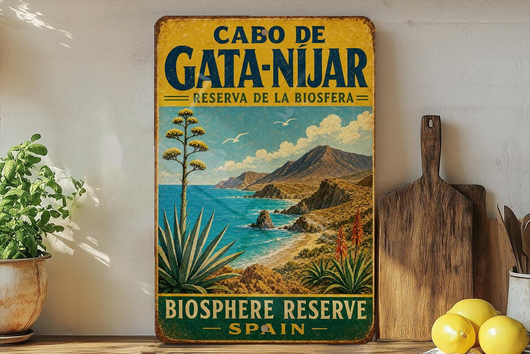 A vintage-style sign for the Gata-Nijar Reserve in Biosphere, Spain, featuring a scenic landscape with mountains, a beach, and a palm tree.