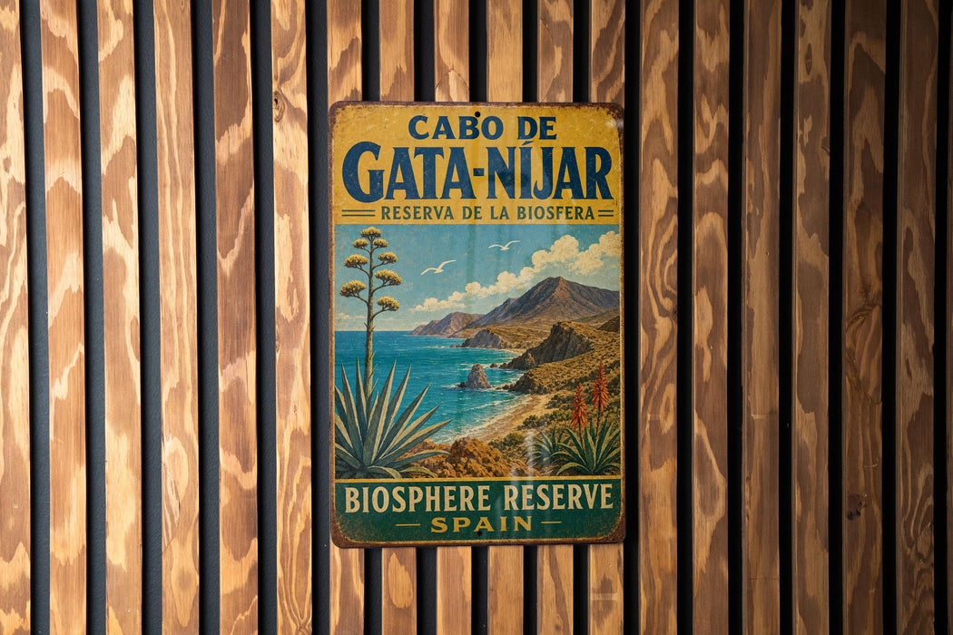 A vintage metal sign with a scenic illustration of a coastal landscape, featuring a palm tree, mountains, and a body of water, mounted on a wooden wall.