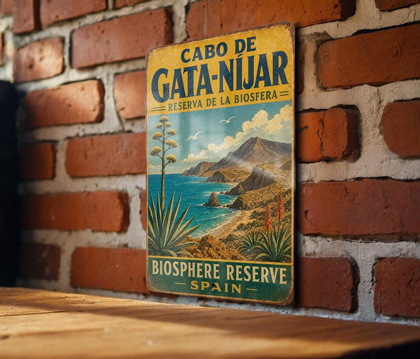 A vintage metal sign with a scenic illustration of a coastal landscape, featuring a palm tree and mountains, mounted on a brick wall.