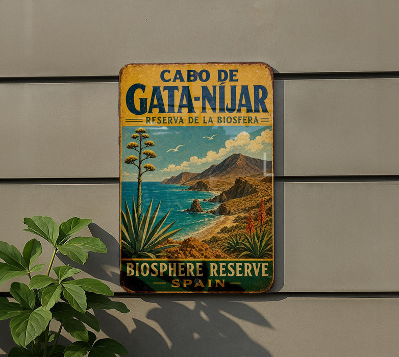 a vintage-style sign for the Cabo de Gata-Nijar Biosphere Reserve in Spain, with a scenic illustration of the reserve's natural beauty.