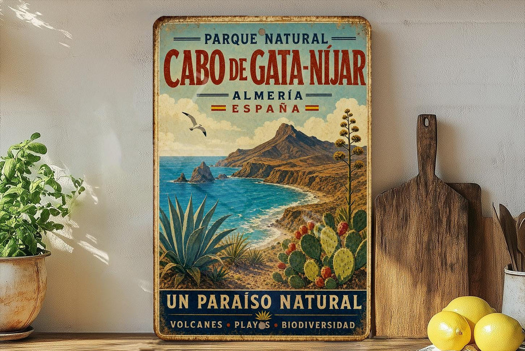 A vintage-style poster advertising the Parque Natural Cabo de Gata-Nijar in Almería, Spain, featuring a scenic coastal landscape with mountains, cacti, and a blue ocean.