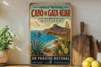 A vintage-style poster advertising the Parque Natural Cabo de Gata-Nijar in Almería, Spain, featuring a scenic coastal landscape with mountains, cacti, and a blue ocean.