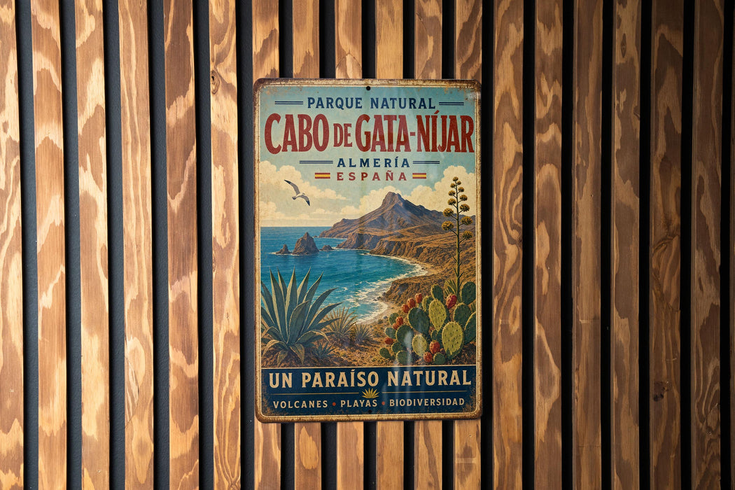 A vintage metal sign with a coastal landscape and text in Spanish, hanging on a wooden fence.