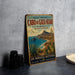 A vintage-style sign advertising the "Parque Natural Cabo de Gata-Nijar" in Almería, Spain, featuring a scenic coastal landscape with mountains, cacti, and a bird.