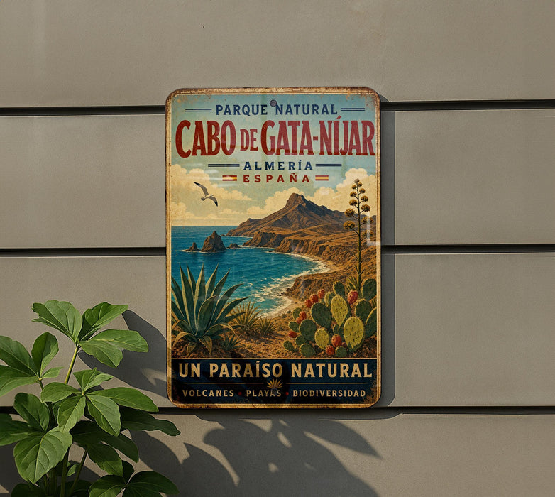 a vintage advertisement sign for Cabo de Gata-Nijar, a natural park in Almería, Spain.