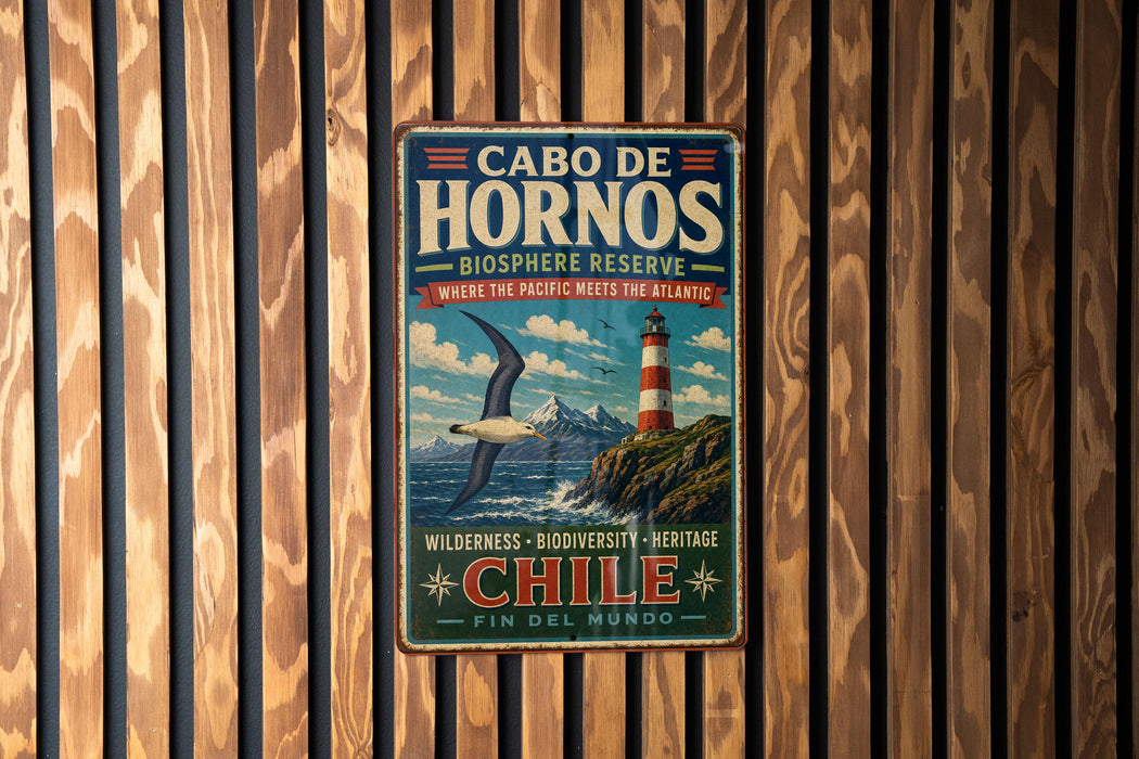 A vintage metal sign with text and an illustration of a lighthouse and a bird, mounted on a wooden wall.
