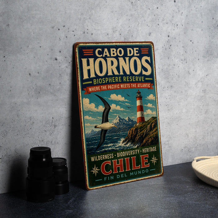 A vintage-style sign for the Biosphere Reserve in Chile, featuring a lighthouse and a seagull, with text describing the reserve's biodiversity, heritage, and natural beauty.