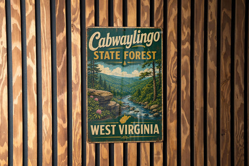 A vintage-style metal sign for Cabwaylingo State Forest in West Virginia, featuring a scenic illustration of a forest and a river.