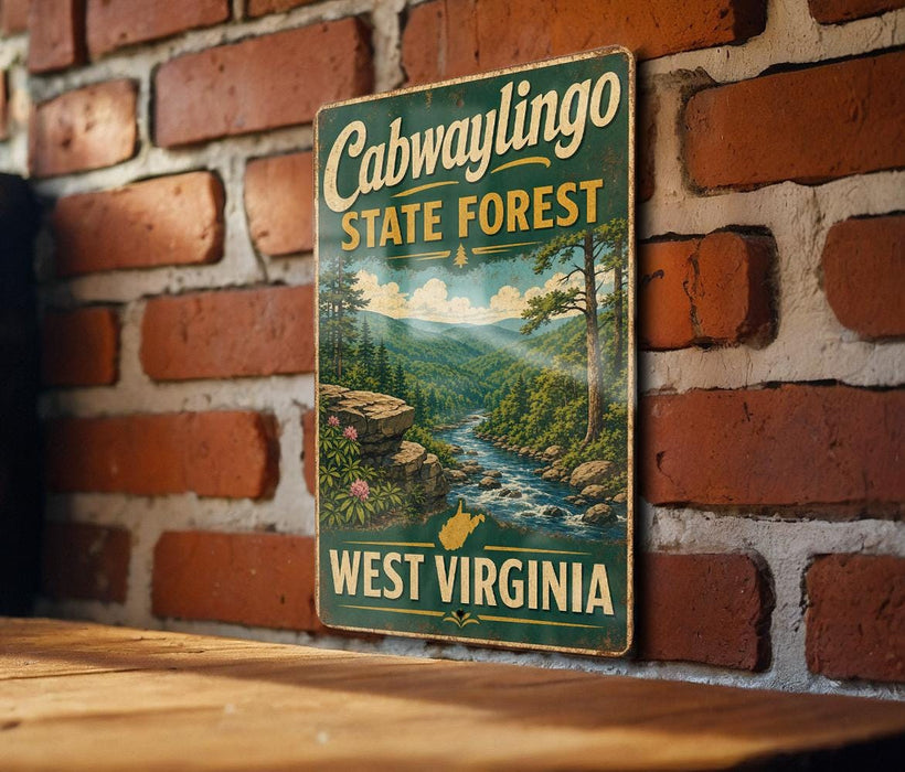 A vintage-style sign for Cabwaylungo State Forest in West Virginia, featuring a scenic landscape with a river and pine trees.