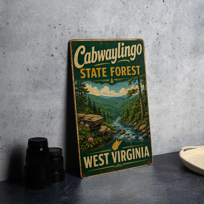 A vintage-style sign for Cabwaylingo State Forest in West Virginia, featuring a scenic landscape with a river and forest.